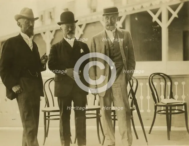 Three men, probably journalists, full-length portrait, facing front, 1905. Creator: Unknown.
