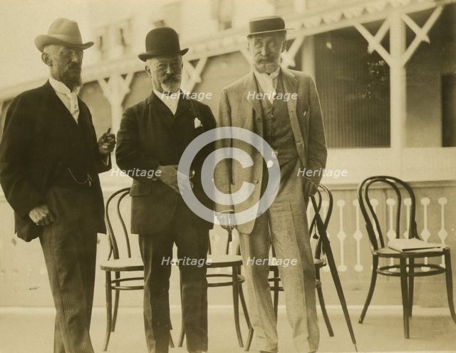 Three men, probably journalists, full-length portrait, facing front, 1905. Creator: Unknown.