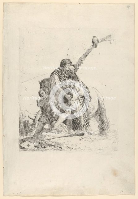 Three Men standing beside a Horse, from the Scherzi, ca. 1740. Creator: Giovanni Battista Tiepolo.