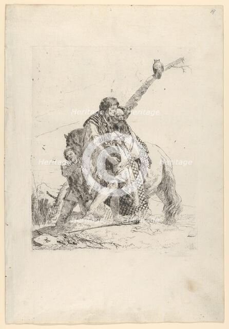 Three Men standing beside a Horse, from the Scherzi, ca. 1740. Creator: Giovanni Battista Tiepolo.