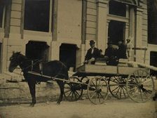Three Men Seated in a Horse-Drawn Buggy in Front of a Building Under Construction, 1850s-60s. Creator: Unknown