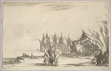 Three men wearing hats standing in center, men fixing a ship to right, five ships and vari..., 1639. Creator: Stefano della Bella