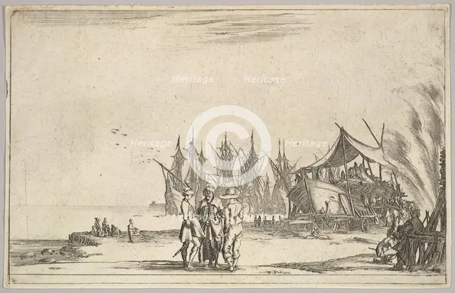 Three men wearing hats standing in center, men fixing a ship to right, five ships and vari..., 1639. Creator: Stefano della Bella.