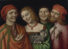 Three men with a woman holding a cat