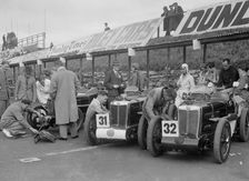Three MG C type Midgets in the pits at the RAC TT Race, Ards Circuit, Belfast, 1932. Artist: Bill Brunell