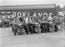 Three MG Magnas at the LCC Relay Grand Prix, Brooklands, Surrey, 1933. Artist: Bill Brunell