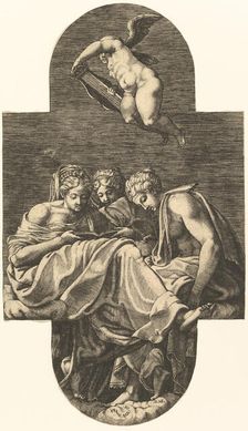 Three Muses and a putto above with a lyre, from a series of eight compositions after Fran..., 1560s. Creator: Giorgio Ghisi
