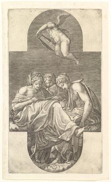 Three Muses and a Putto with a Lyre, a cruciform composition, from a series of eight comp..., 1560s. Creator: Giorgio Ghisi