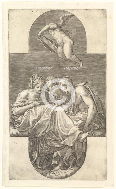 Three Muses and a Putto with a Lyre, a cruciform composition, from a series of eight comp..., 1560s. Creator: Giorgio Ghisi.