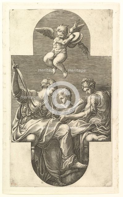 Three Muses and a Putto with Cymbals, a cruciform composition, from a series of eight com..., 1560s. Creator: Giorgio Ghisi.