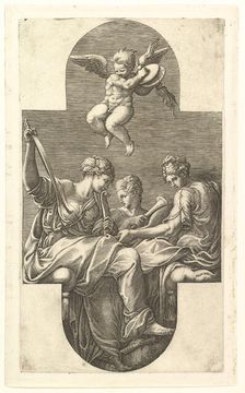Three Muses and a Putto with Cymbals, a cruciform composition, from a series of eight com..., 1560s. Creator: Giorgio Ghisi