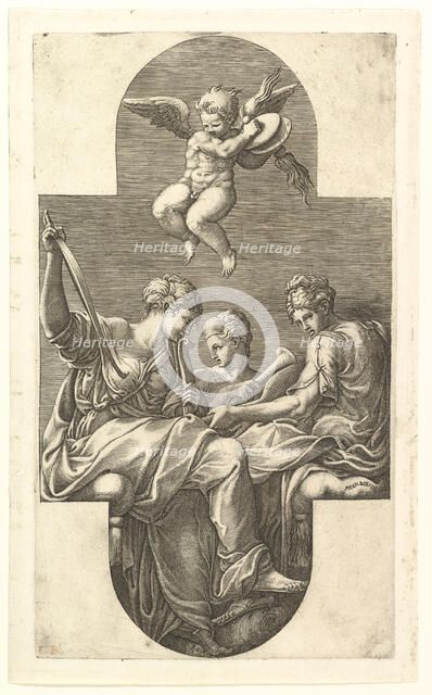 Three Muses and a Putto with Cymbals, a cruciform composition, from a series of eight com..., 1560s. Creator: Giorgio Ghisi.
