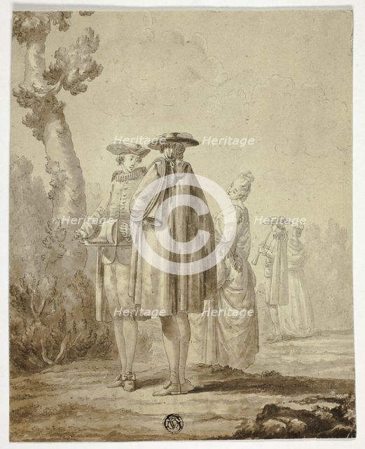 Three Musicians and Two Ladies in Outdoor Setting, n.d. Creator: Unknown.