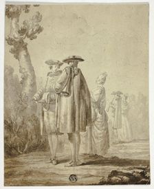 Three Musicians and Two Ladies in Outdoor Setting, n.d. Creator: Unknown