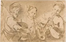Three Musicians Playing Horns and Pipe, n.d. Creator: Unknown