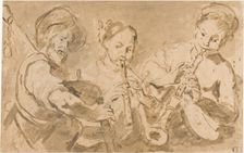 Three Musicians Playing Horns and Pipe, n.d. Creator: Unknown