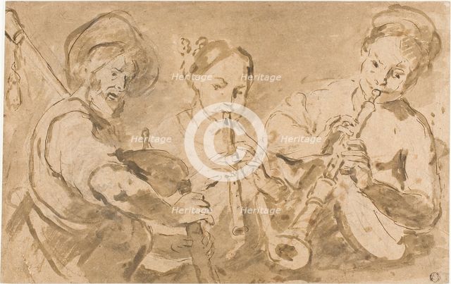 Three Musicians Playing Horns and Pipe, n.d. Creator: Unknown.