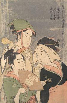 Three Niwaka Performers, Chasenuri, Kurokiri, and Saimon..., ca. 1794. Creator: Kitagawa Utamaro