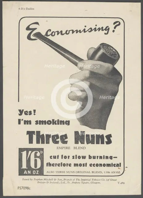 Three Nuns Pipe Tobacco, c.1930s. Artist: Wilfred Fryer