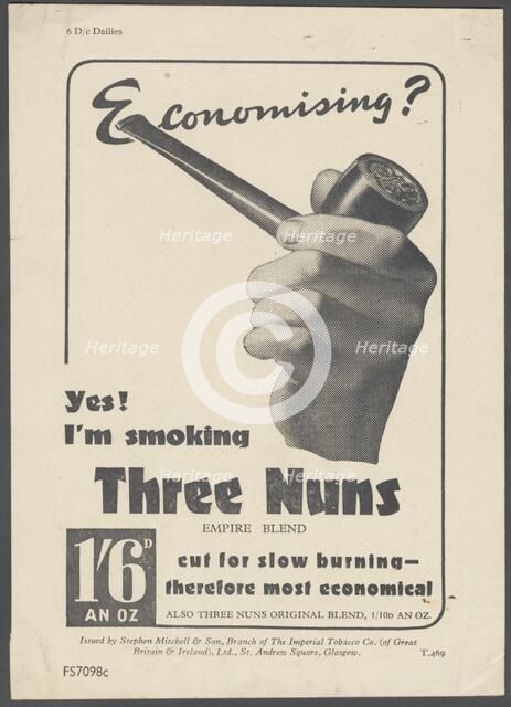 Three Nuns Pipe Tobacco, c.1930s. Artist: Wilfred Fryer