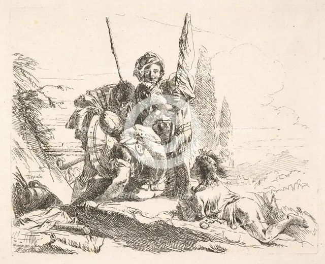 Three soldiers and a youth lying on his abdomen in a landscape, the soldiers bear a..., ca. 1740-42. Creator: Giovanni Battista Tiepolo.