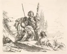 Three soldiers and a youth lying on his abdomen in a landscape, the soldiers bear a..., ca. 1740-42. Creator: Giovanni Battista Tiepolo