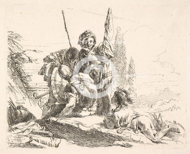 Three soldiers and a youth lying on his abdomen in a landscape, the soldiers bear a..., ca. 1740-42. Creator: Giovanni Battista Tiepolo.