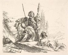 Three soldiers and a youth lying on his abdomen in a landscape, the soldiers bear a..., ca. 1740-42. Creator: Giovanni Battista Tiepolo