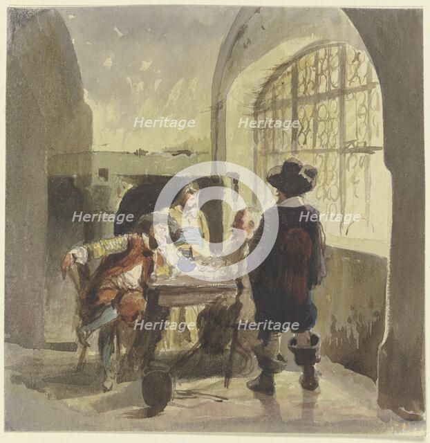 Three soldiers from the time of the Thirty Years' War in a chamber, with a woman present. Creator: Eugen Johann Georg Klimsch.