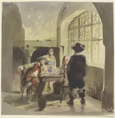 Three soldiers from the time of the Thirty Years War in a chamber, with a woman present. Creator: Eugen Johann Georg Klimsch