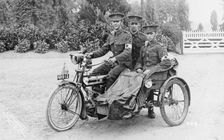 Three soldiers on a bicycle and sidecar, (WWI?)