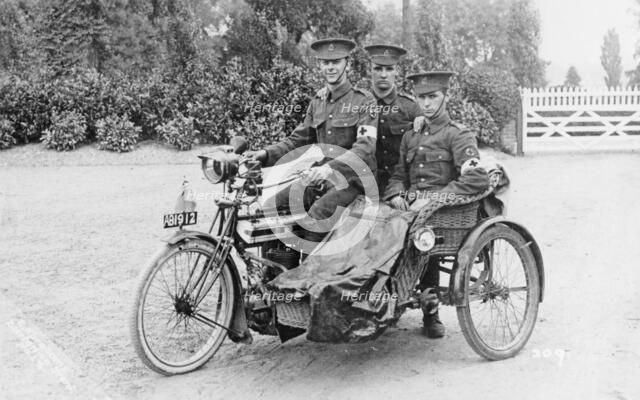 Three soldiers on a bicycle and sidecar, (WWI?). Artist: Unknown