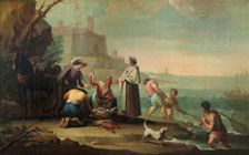 Three Sailors Casting a Net and a Woman Selling Fish, 1784. Creator: Zacarias Gonzalez Velazquez