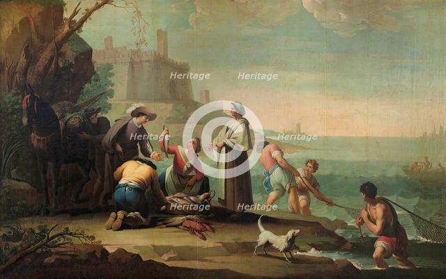 Three Sailors Casting a Net and a Woman Selling Fish, 1784. Creator: Zacarias Gonzalez Velazquez.