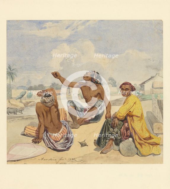 Three seated men at a kali (village), 1841. Creator: Ernest Alfred Hardouin.