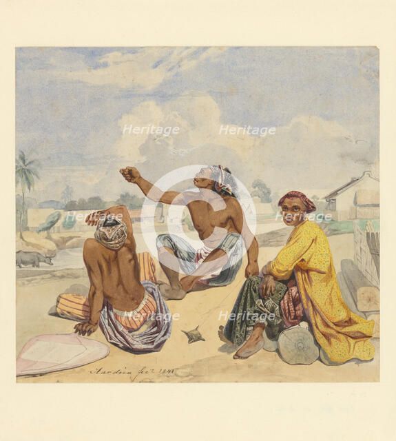 Three seated men at a kali (village), 1841. Creator: Ernest Alfred Hardouin.