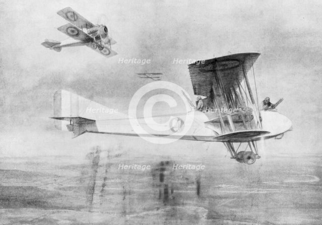 Three-seated aeroplane on a photographic mission, protected by a Spad fighter aircraft, 1918 (1926).Artist: Etienne Cournault