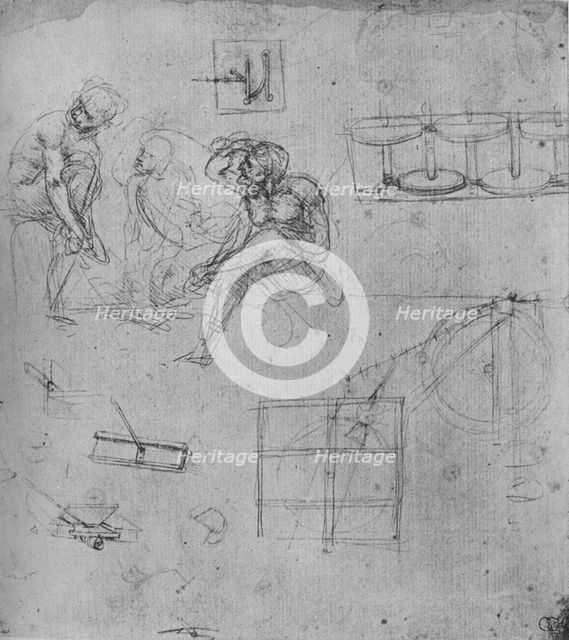 'Three Seated Figures and Studies of Machinery', 1480-1481 (1945). Artist: Leonardo da Vinci.