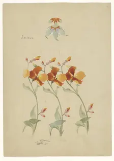 Three segments of a vase painted with poppies, and a lid painted with leaves, 1897. Creator: Anatole-Alexis Fournier