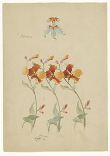 Three segments of a vase painted with poppies, and a lid painted with leaves, 1897. Creator: Anatole-Alexis Fournier