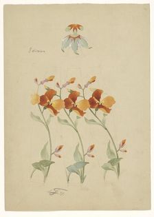 Three segments of a vase painted with poppies, and a lid painted with leaves, 1897. Creator: Anatole-Alexis Fournier