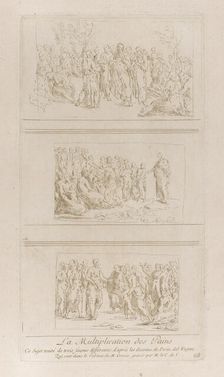 Three separate studies for the miracles of the loaves, showing Christ standing in d..., ca. 1729-40. Creator: Caylus, Anne-Claude-Philippe de