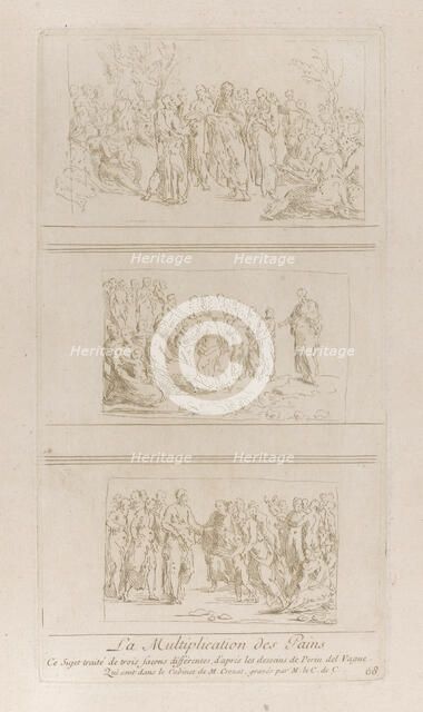 Three separate studies for the miracles of the loaves, showing Christ standing in d..., ca. 1729-40. Creator: Caylus, Anne-Claude-Philippe de.