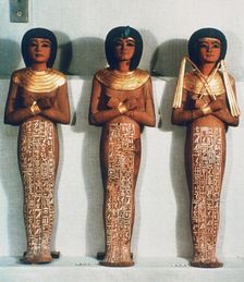 Three Shabtis or servant figures, Tutankhamun funerary object, 18th Dynasty