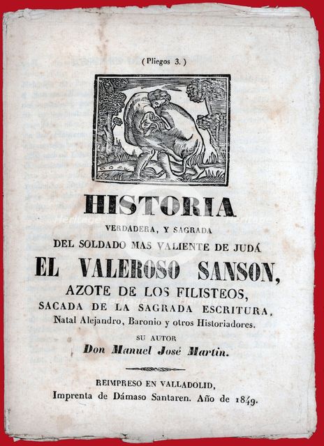 Three sheets booklet with the story 'The brave Samson'. Published in Valladolid, 1849.