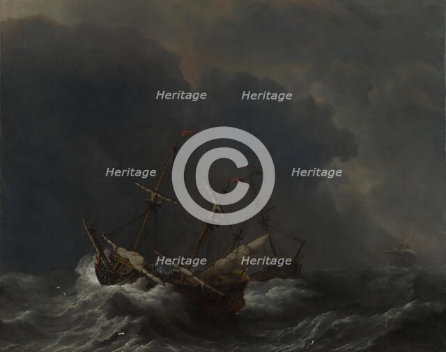 Three Ships in a Gale, 1673. Artist: Velde, Willem van de, the Younger (1633-1707)