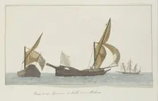 Three ships: Two speronaras from Scilla and one tartane, 1778. Creator: Louis Ducros