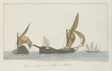 Three ships: Two speronaras from Scilla and one tartane, 1778. Creator: Louis Ducros
