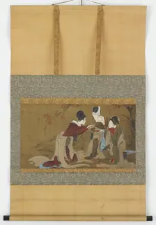 Three shirabyoshi drinking sake heated over a fire of autumn leaves, Edo period, 1800-1850. Creator: Hokuga
