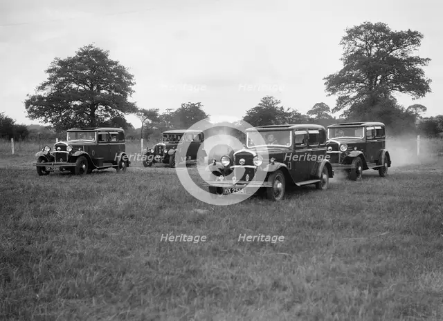 Three Singer Super Sixes and a Singer Senior at the Bugatti Owners Club gymkhana, 5 July 1931. Artist: Bill Brunell.